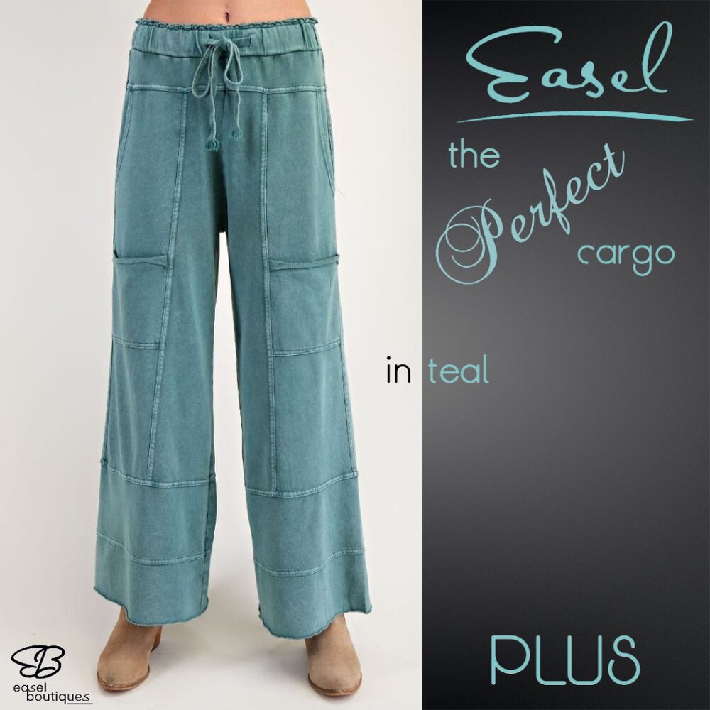 EASEL "Perfect Cargo" Terry Knit Mineral Washed Flared Leg Pants Raw Hem & Seams